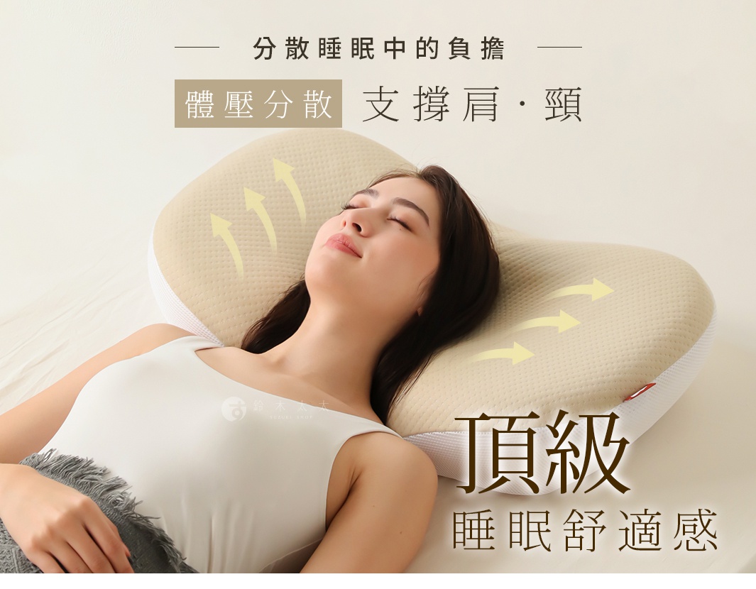 NELUD 完美釋壓Q彈棉花糖枕，米白色、淺黃色，表面有細緻的網孔織紋，中央凹陷，兩側隆起，提供肩頸支撐。