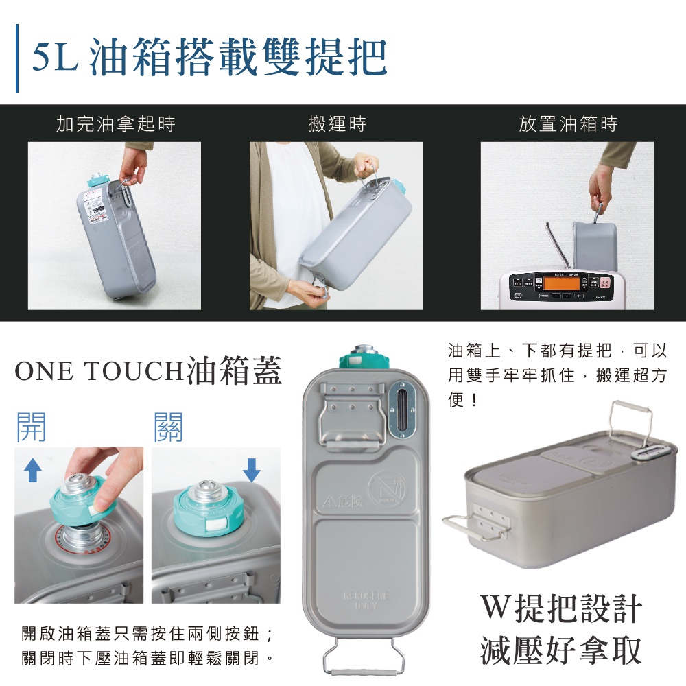 5L油箱的提把設計，方便單手或雙手搬運