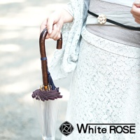 職人高級樺木透明傘，傘柄為深棕色彎曲樺木材質，傘骨末端有深藍色流蘇裝飾。傘面為透明材質，傘骨頂部有金屬裝飾。