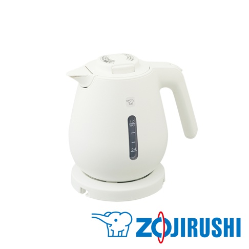 白色快煮壺，壺身為圓潤設計，帶有透明水位指示器，上面標示0.4至1.0公升的刻度。壺蓋頂部有操作按鈕。底部為白色底座。
