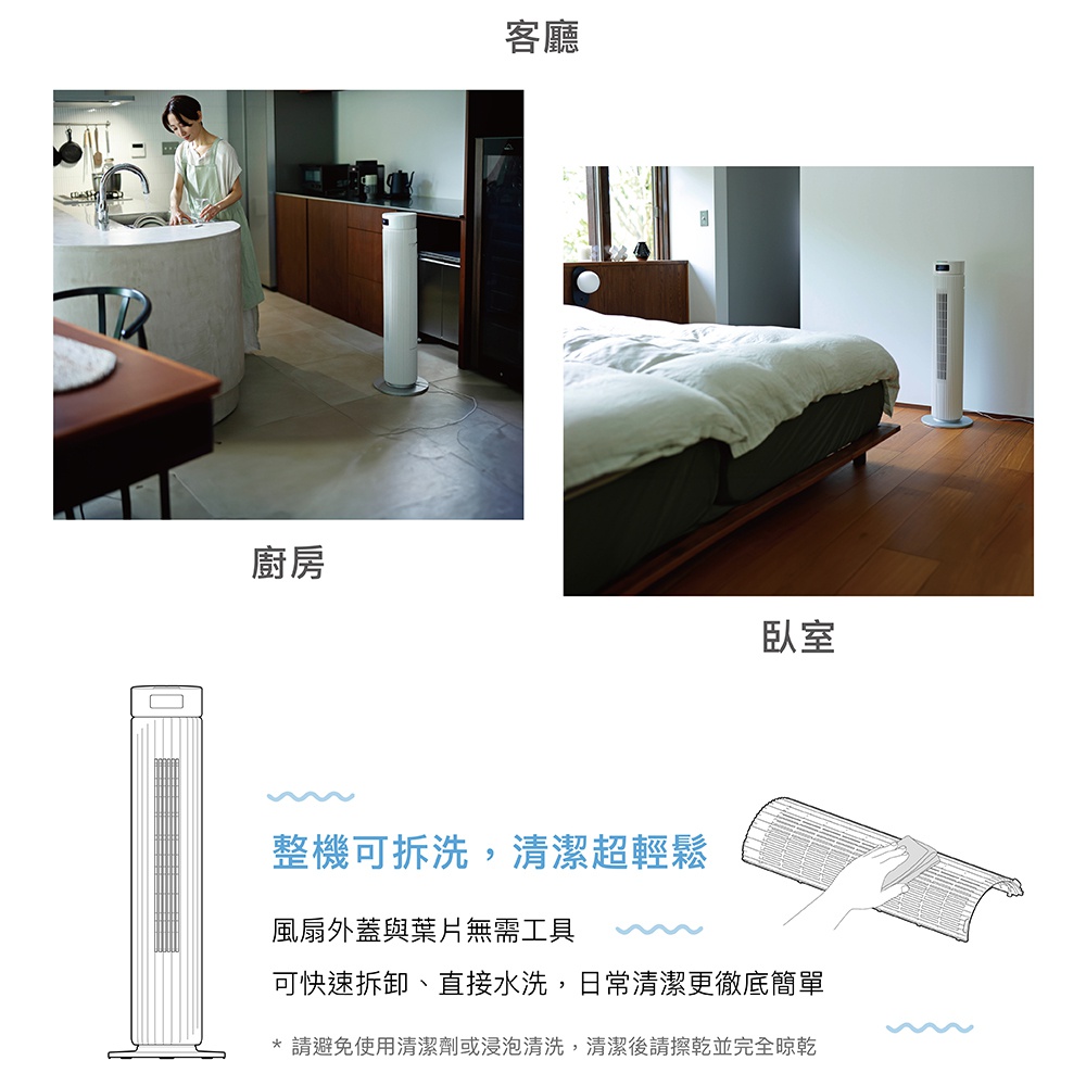 白色直立式循環塔扇，側面有網格狀進風口，放置於廚房和臥室的木地板上。