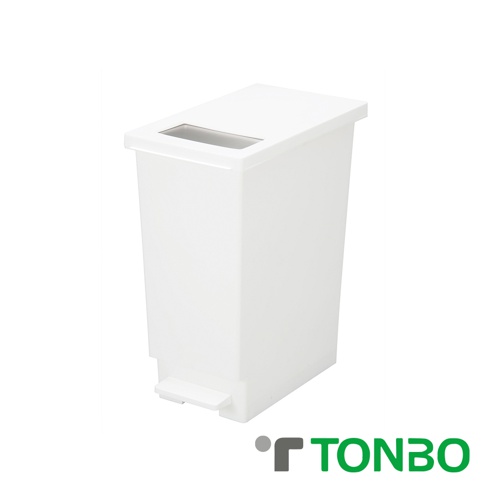 白色塑膠製的UNEED 45L推蓋踩踏雙用垃圾桶，頂部有長方形投料口，前方有踩踏踏板。