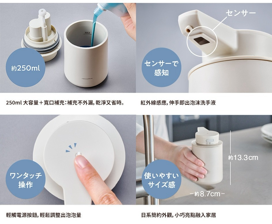 recolte 麗克特 自動感應泡泡給皂機 RDS-1，展示大容量、紅外線感應、單鍵操作和精巧尺寸等特色。