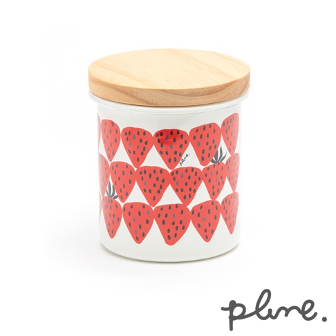 白色琺瑯儲物罐，印有紅色草莓圖案，配有天然木製蓋子。