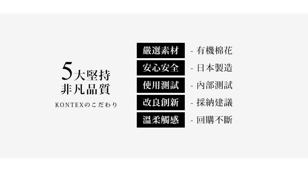 這是一張關於KONTEX品牌的品質堅持宣傳圖，左側以醒目的標題列出5大堅持與非凡品質，右側則以黑色色塊搭配白色文字條列五項重點，內容包括嚴選素材採用有機棉花、安心安全強調日本製造、使用測試為內部測試、改良創新採納建議，以及溫柔觸感與回購不斷的顧客回饋。