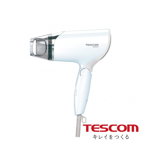 TESCOM 雙電壓負離子吹風機，優雅白色，機身光滑，帶有透明噴嘴，手柄上有風量調節按鈕。