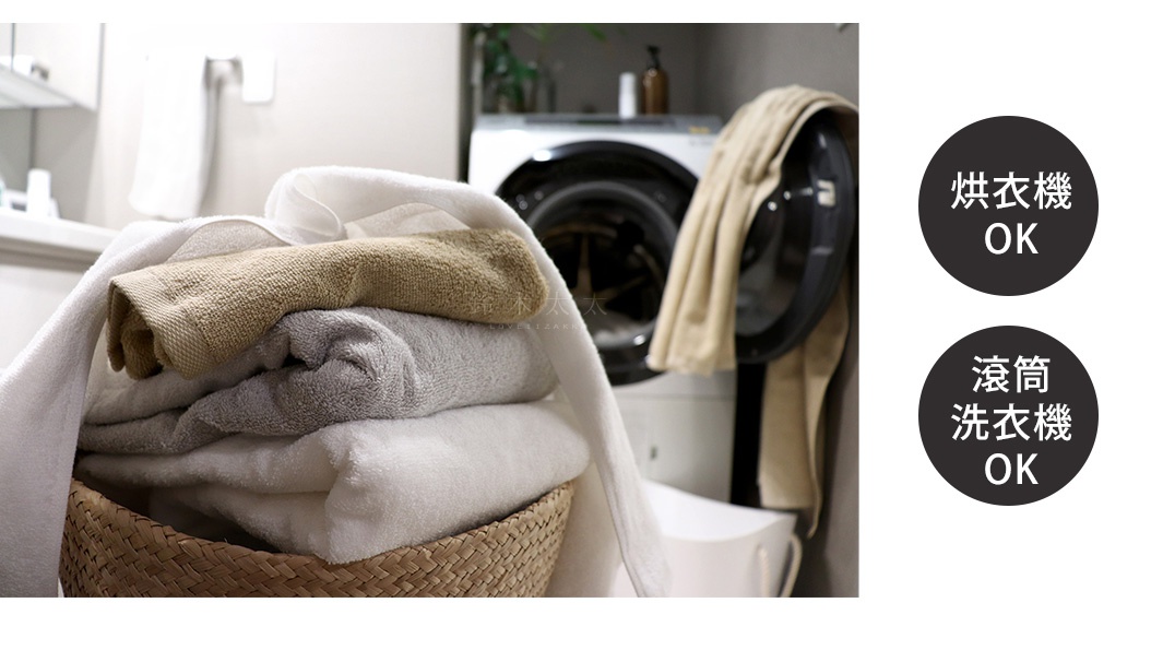 一籃整齊疊放的毛巾，包含白色、灰色和卡其色，質地柔軟，背景為洗衣機。