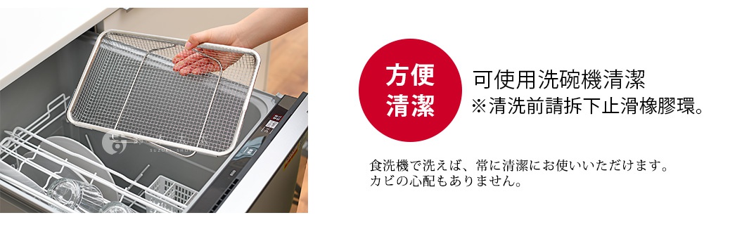 左側顯示一隻手正將金屬網狀瀝水籃放入洗碗機中，右側紅色圓圈內標註方便清潔，下方文字說明此產品可使用洗碗機清洗，但清洗前需先拆下止滑橡膠環，並強調以洗碗機清潔能確保衛生且防止發霉。