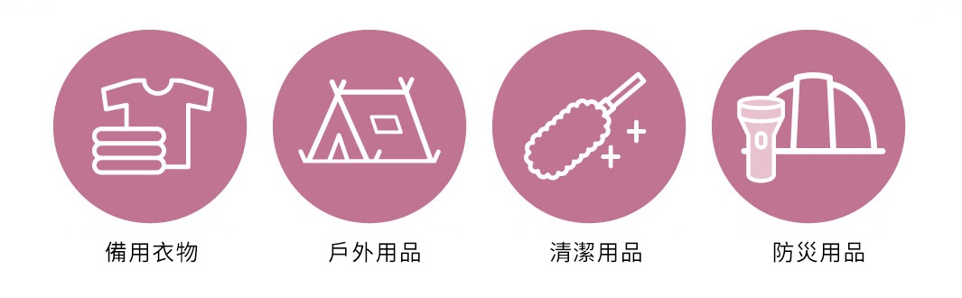 四個圓形圖示，分別代表備用衣物、戶外用品、清潔用品及防災用品。