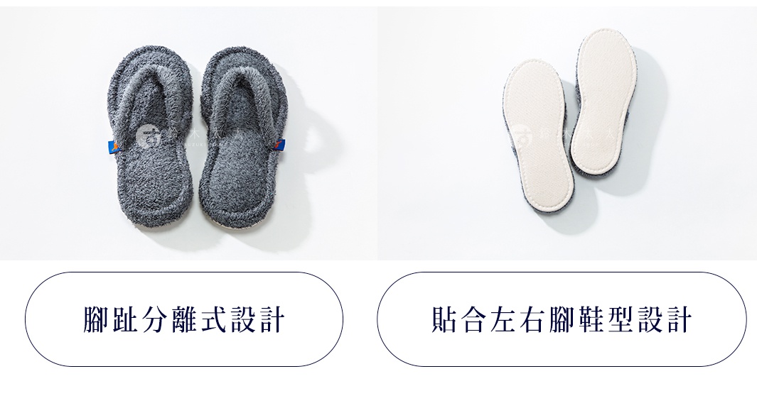 一雙灰色竹棉混紡人字夾腳室內拖鞋，鞋面為毛絨材質，鞋底為淺色布料，有標示「腳趾分離式設計」與「貼合左右腳鞋型設計」的文字說明。