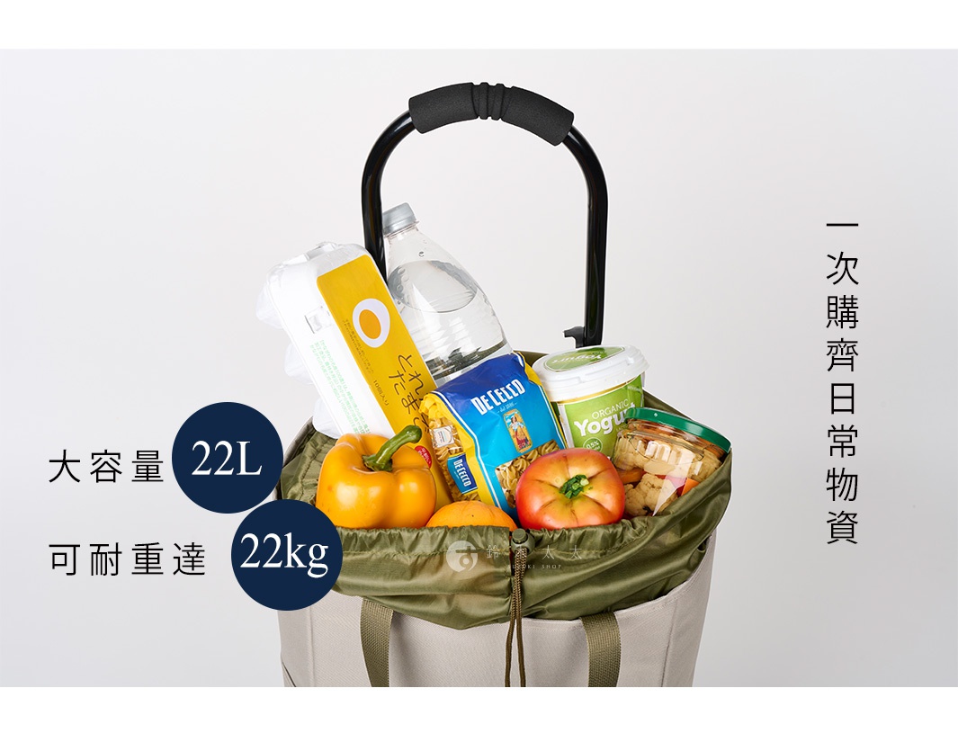 軍綠色 2WAY 手提收納折疊推車，裝有紙巾、水瓶、義大利麵、番茄、甜椒及優格杯等日常購物商品，推車有黑色軟墊握把，側邊有米白色提把。