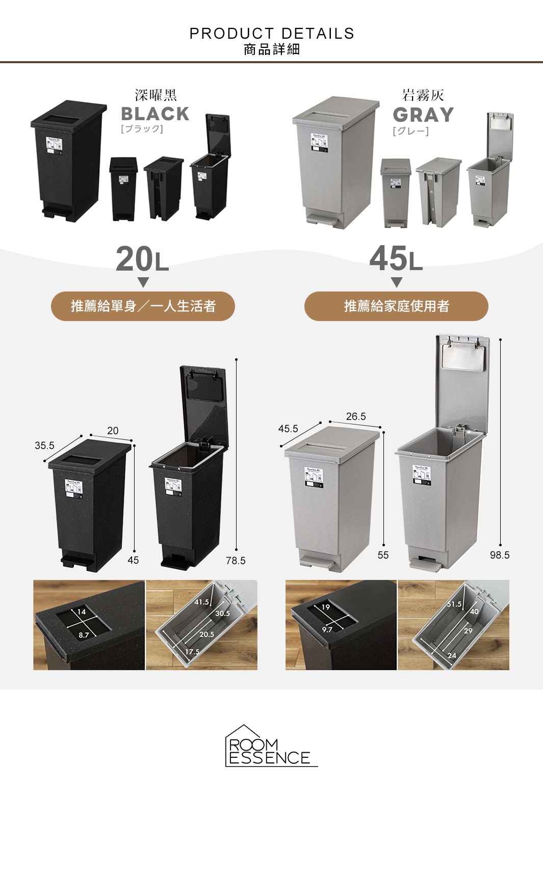 20L 推薦給單身／一人生活者 45L 推薦給家庭使用者
