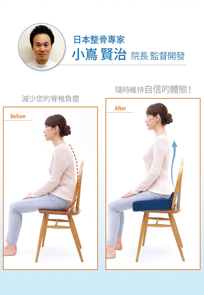 深藍色W型機能紓壓美尻坐墊，質料似網狀布料，置於木質椅子上，用於改善坐姿。