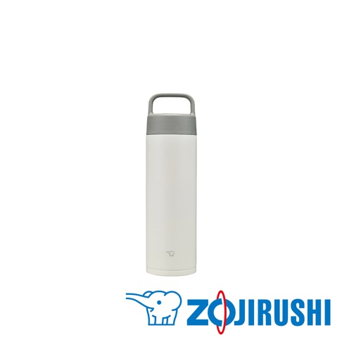 0.6L不鏽鋼真空保溫保冷杯，杯身為白色，附有灰色提環和瓶蓋。