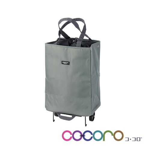 AVERY 簡約輕巧折疊購物車，灰色帆布材質，配有兩個灰色提把和兩個黑色輪子，正面有一個黑色品牌標籤。