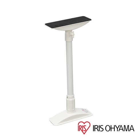 白色伸縮式傢俱防倒固定棒，頂端有黑色止滑墊，底部為扁平支撐座，可調節高度。