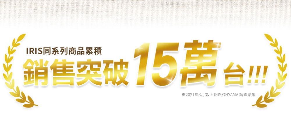 金色字體「IRIS 同系列商品累積銷售突破15萬台!!!」，左右兩側有金色麥穗裝飾。