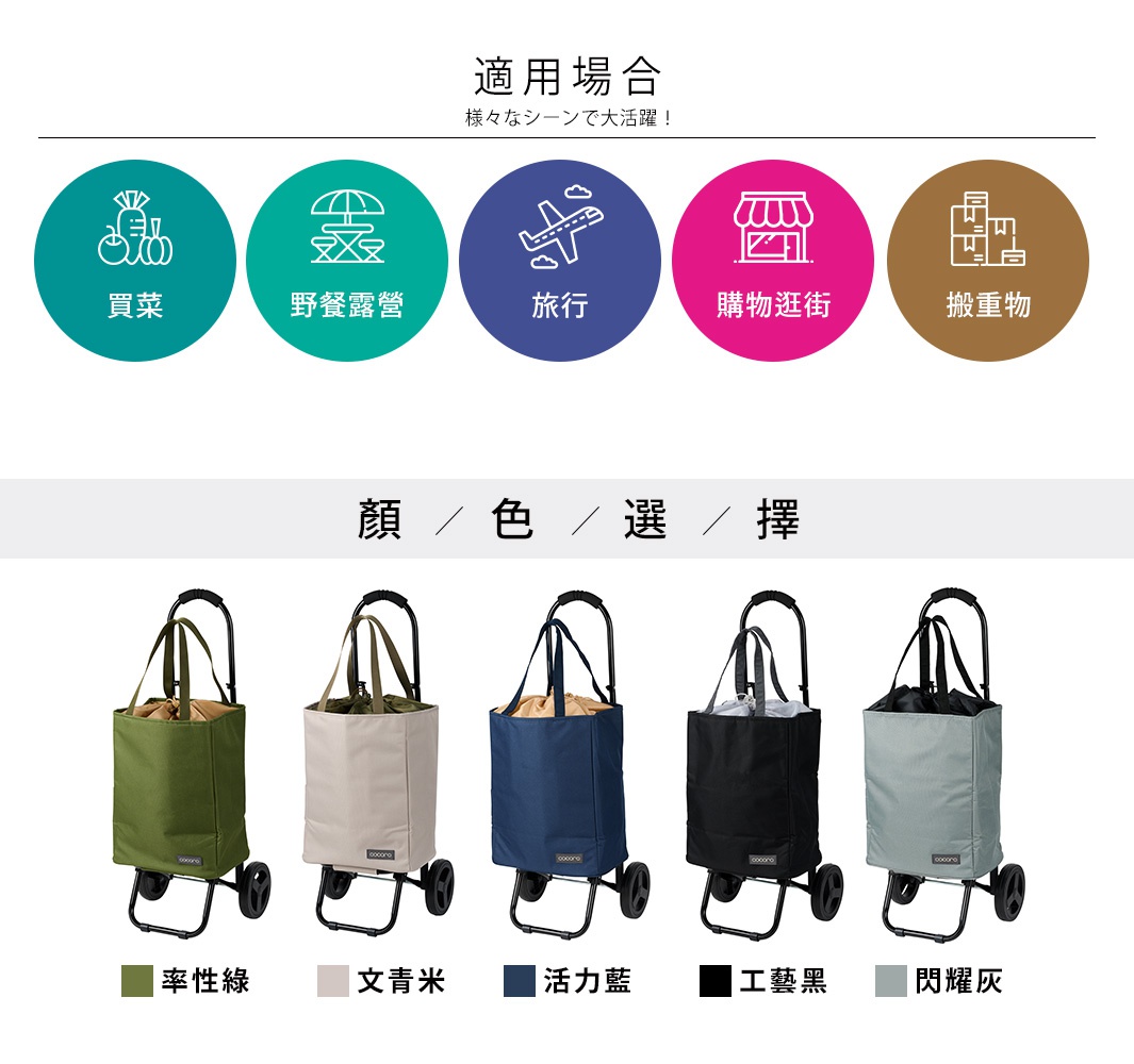 展示四款 2WAY 手提收納折疊推車，分別為率性綠、文青米、活力藍、工藝黑和閃耀灰。推車皆為可折疊設計，有兩個輪子和可伸縮的提把，材質看似帆布。