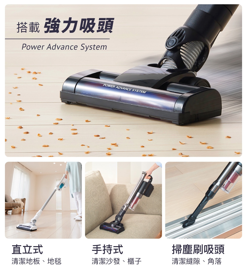 氣旋式超輕量無線手持吸塵器，銀色與黑色機身，展示直立式、手持式及掃塵刷吸頭清潔不同場景。