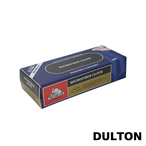 DULTON FOR CAR LIFE 超細纖維萬用擦拭布產品包裝盒，深藍色長方形紙盒上有大象圖案標誌，明確標示內含 20 張尺寸為 230x280 公釐的可洗滌重複使用超細纖維布，設計簡潔實用，下方配有 DULTON 品牌名稱。