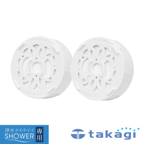 takagi 淨水 Shower 蓮蓬頭除氯濾芯組，白色膠囊式濾芯，展示兩顆濾芯，並有品牌 logo。