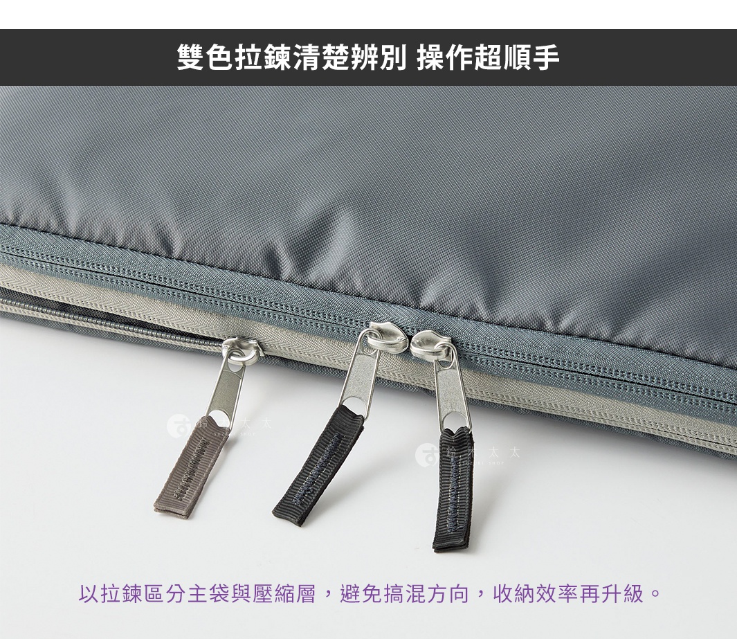 灰色尼龍材質的旅行袋，設有兩個拉鍊，其中一個拉鍊的拉頭配有灰色織帶，另兩個拉鍊的拉頭配有黑色織帶。