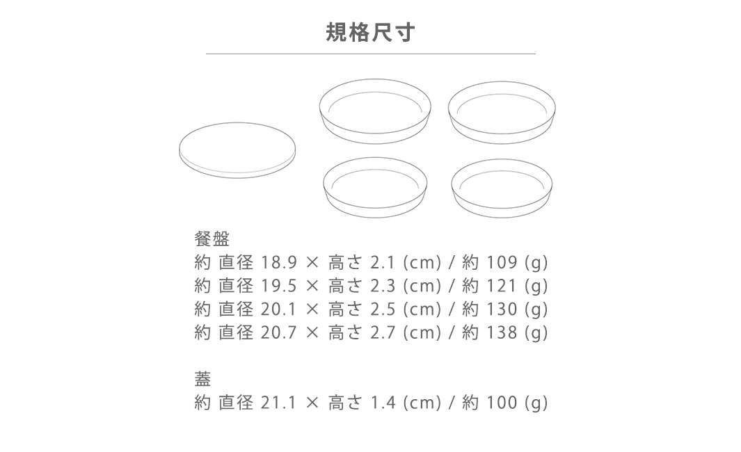 規格尺寸

餐盤
約 直径 18.9 × 高さ 2.1 (cm) / 約 109 (g)
約 直径 19.5 × 高さ 2.3 (cm) / 約 121 (g)
約 直径 20.1 × 高さ 2.5 (cm) / 約 130 (g)
約 直径 20.7 × 高さ 2.7 (cm) / 約 138 (g)

蓋
約 直径 21.1 × 高さ 1.4 (cm) / 約 100 (g)
