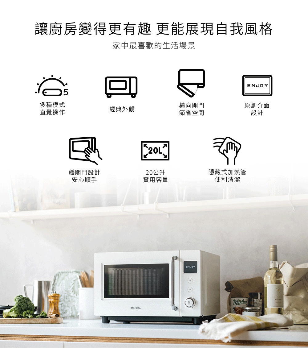 白色微波爐放置在廚房檯面上，上方以圖示呈現多種模式直覺操作、經典外觀、橫向開門節省空間、原創介面設計、緩關門設計、二十公升實用容量及隱藏式加熱管便於清潔等產品特色，背景為居家廚房場景。