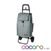 灰色輕量折疊購物車，採用耐磨布料製成，設有可伸縮提把、扣帶閉合的頂蓋，以及側邊口袋。購物車配有堅固的金屬框架和兩個輪子，方便拖行。