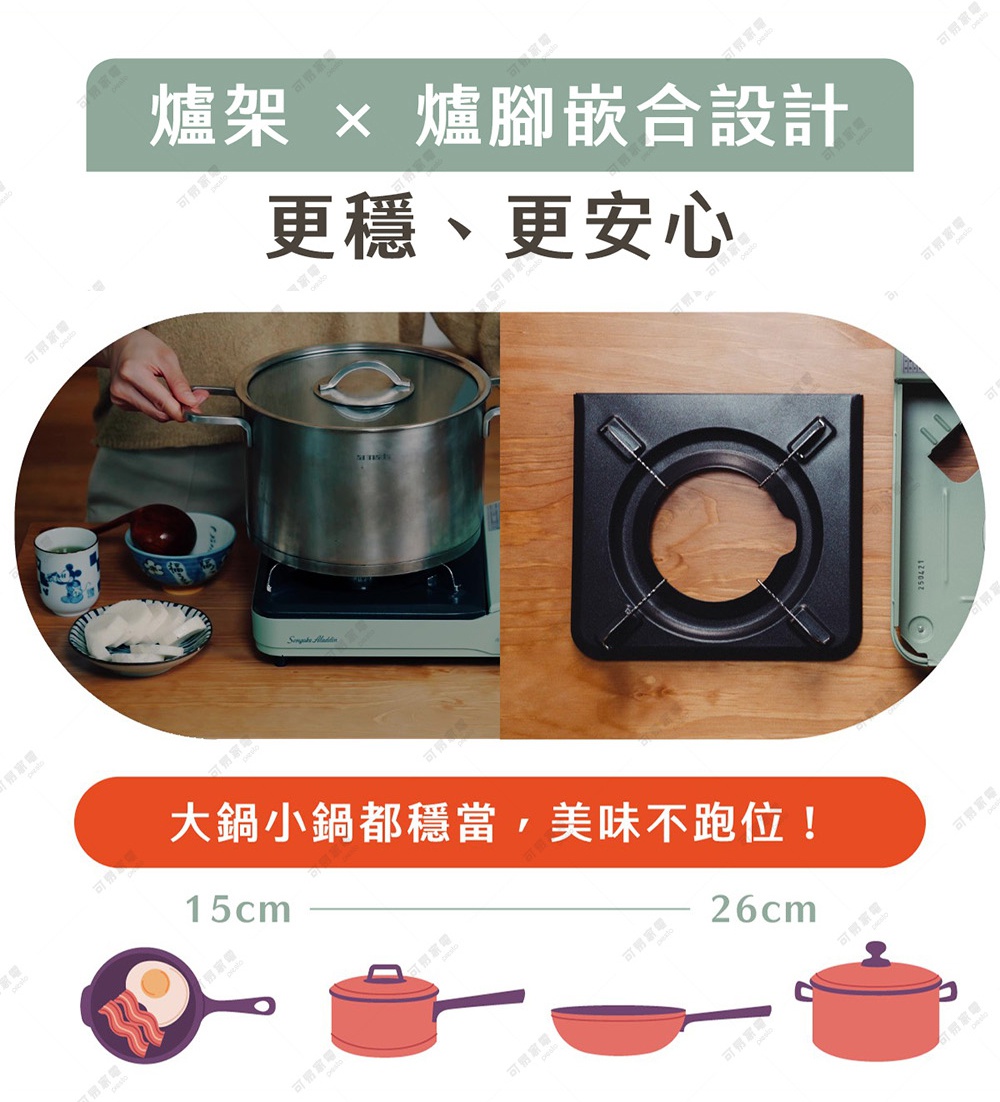 圖片文字：爐架 x 爐腳嵌合設計，更穩、更安心。大鍋小鍋都穩當，美味不跑位。適用鍋具直徑介於十五公分至二十六公分。左側展示廚房爐具上放置大型鍋具實景，右側展示黑色正方形爐架結構及上方對應鍋具尺寸範圍的插畫。