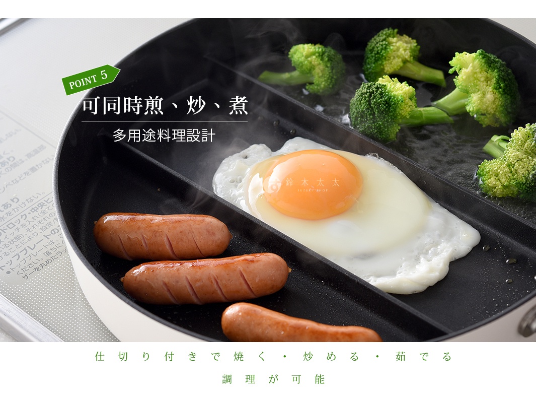 一個白色分格平底鍋正在烹飪，左側煎鍋區域正煎著三條香腸，中央圓形區域煎著一顆完整的荷包蛋，右側區域則盛裝水烹煮著花椰菜。圖片上方印有文字標示其多用途料理設計，底部說明此分格設計可同時進行燒烤、快炒與水煮調理。