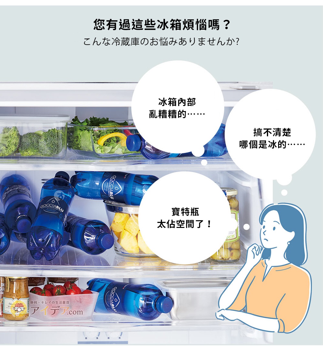 滾動式寶特瓶收納架，可容納多瓶藍色寶特瓶，架體透明，呈現整齊的冰箱內部畫面。