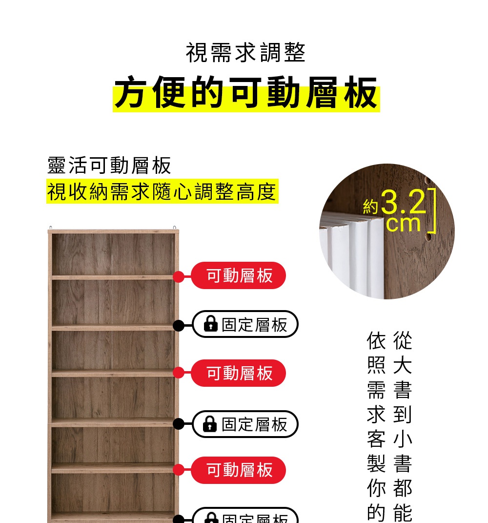 圖片文字：視需求調整 方便的可動層板 靈活可動層板 視收納需求隨心調整高度 約3.2cm 依照需求客製你的大小書都能輕鬆收納 固定層板 可動層板 從大書到小書都能客製化收納的書櫃，層板間距可調整，側邊孔距約3.2公分，圖中標示了層櫃中固定層板與可動層板的位置分佈。