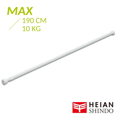 一根白色金屬伸縮桿，兩端有白色塑膠端蓋，整體呈水平狀置於白色背景上，左上方標示「MAX 190 CM 10 KG」，右下方有「HEIAN SHINDO」標誌。