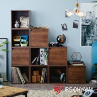 深棕色木紋立方體組合收納櫃，共九個方格，其中六個為開放式，三個為帶有木紋面板的封閉式。收納櫃內擺放有書籍、黑膠唱片、相框、地球儀、相機及裝飾品。