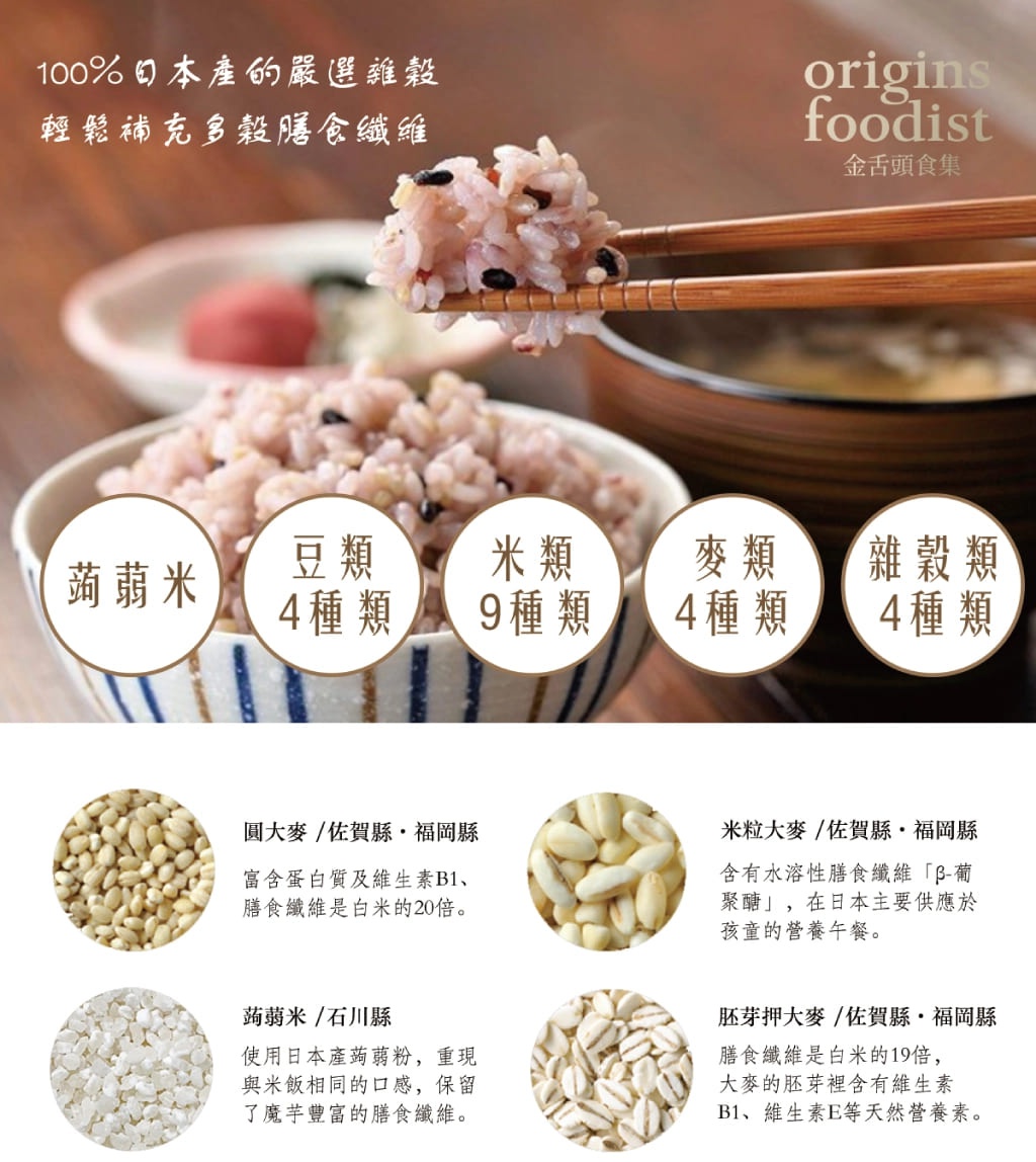碗中盛有粉紅色、多穀物的米飯，碗邊緣有藍色條紋，上方有一雙筷子夾起一撮米飯，背景為模糊的日式餐點。下方有五個圓形標籤，分別標示「蒟蒻米」、「豆類 4種類」、「米類 9種類」、「麥類 4種類」、「雜穀類 4種類」，並展示了四種穀物的特寫照片。