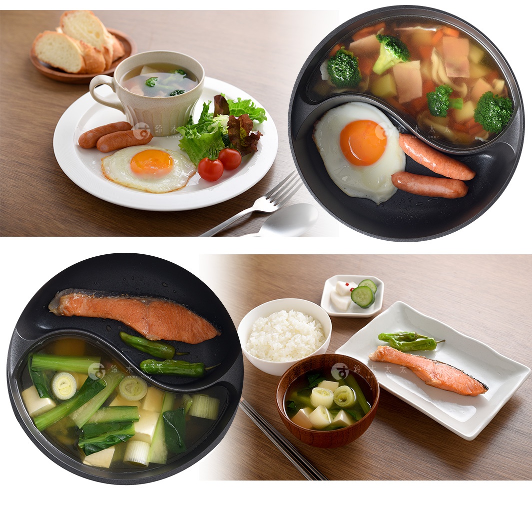 圖為日式早餐，包含煎蛋、香腸、沙拉、麵包及湯，另一張圖片為日式定食，包含烤鮭魚、味噌湯、白飯及醃漬小黃瓜