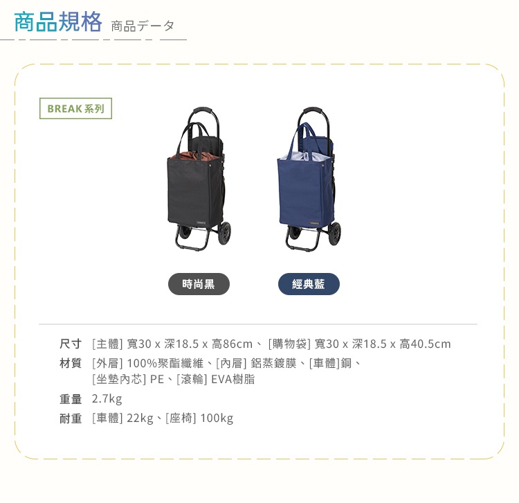 圖片文字：商品規格 商品數據 BREAK系列 時尚黑 經典藍 尺寸 主體 寬30 x 深18.5 x 高86cm 購物袋 寬30 x 深18.5 x 高40.5cm 材質 外層 100%聚酯纖維 內層 鋁蒸鍍膜 車體 鋼 坐墊內芯 PE 滾輪 EVA樹脂 重量 2.7kg 耐重 車體 22kg 座椅 100kg