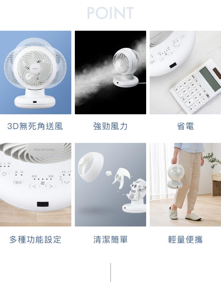 圖片展示了 IRIS OHYAMA DC空氣循環扇的六項產品特色，分別為可多角度旋轉的 3D 無死角送風、強勁風力展示、強調節能省電的計算機對比、提供多種功能設定的操作面板特寫、便於拆卸清理的組件分解圖，以及適合居家使用的輕量化設計，整體呈現出簡潔、便利與現代感的居家家電形象。