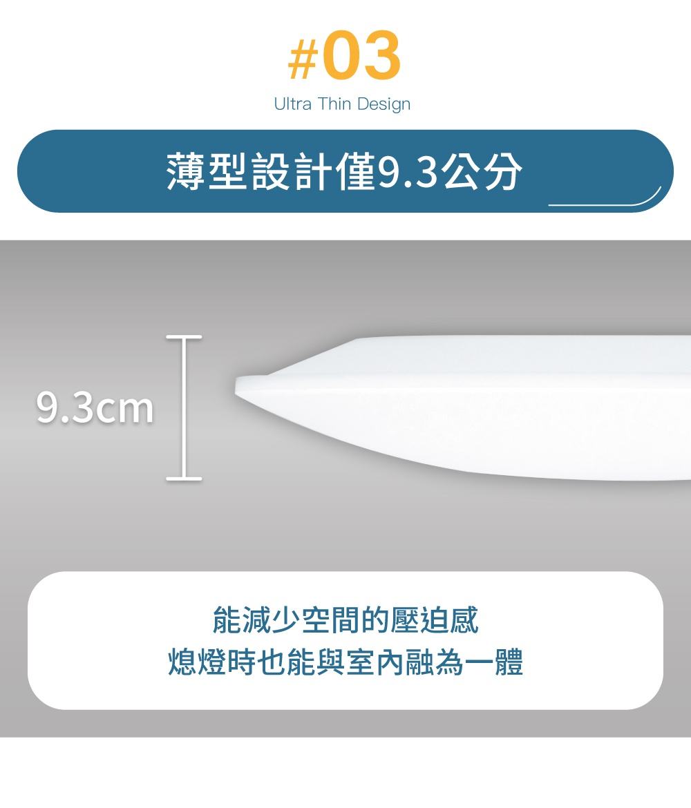 LED可調光圓盤吸頂燈 CL8D-5.0G，薄型設計，厚度僅 9.3 公分，白色圓弧造型，簡約現代，適合 4 坪空間。