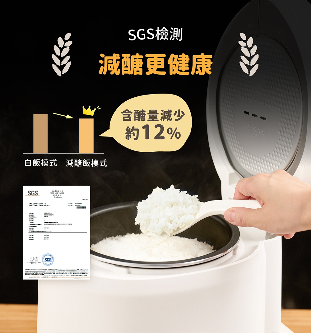 SGS檢測，減醣更健康，含醣量減少約12%，白飯模式與減醣飯模式對比，以及一份SGS報告。