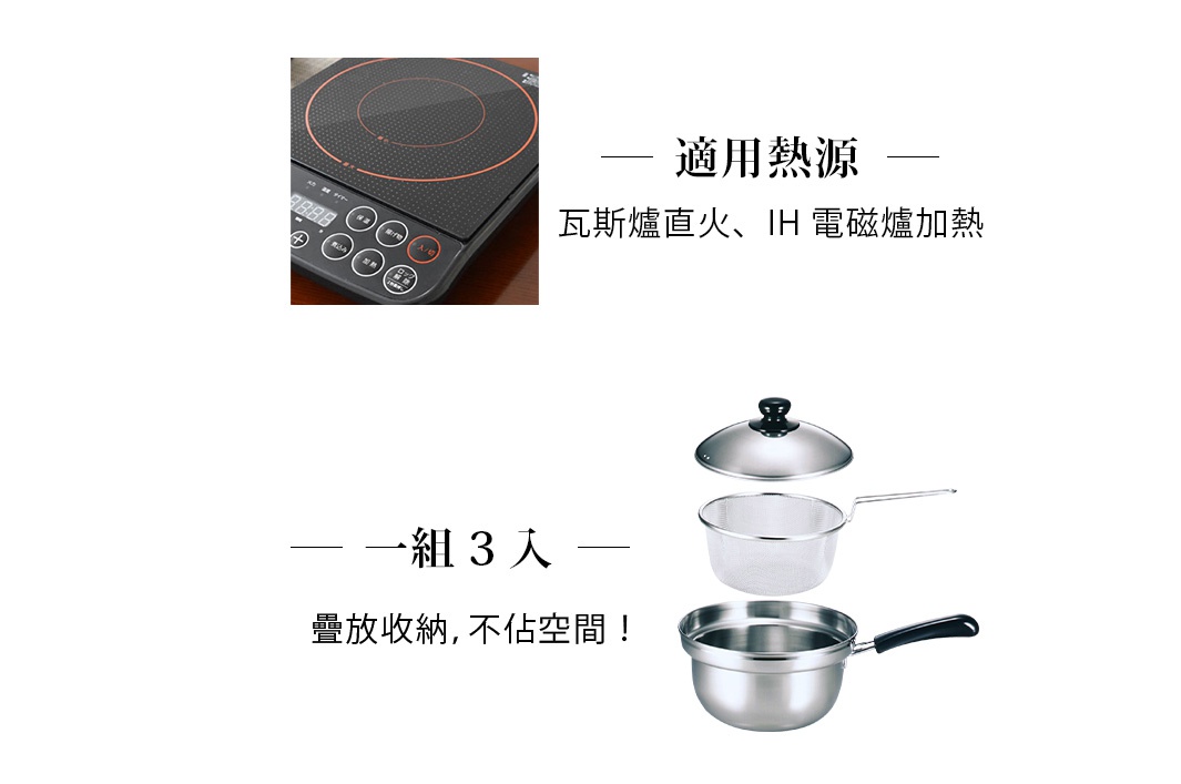 銀色不鏽鋼鍋，附有濾網和玻璃鍋蓋，適用於電磁爐和瓦斯爐。