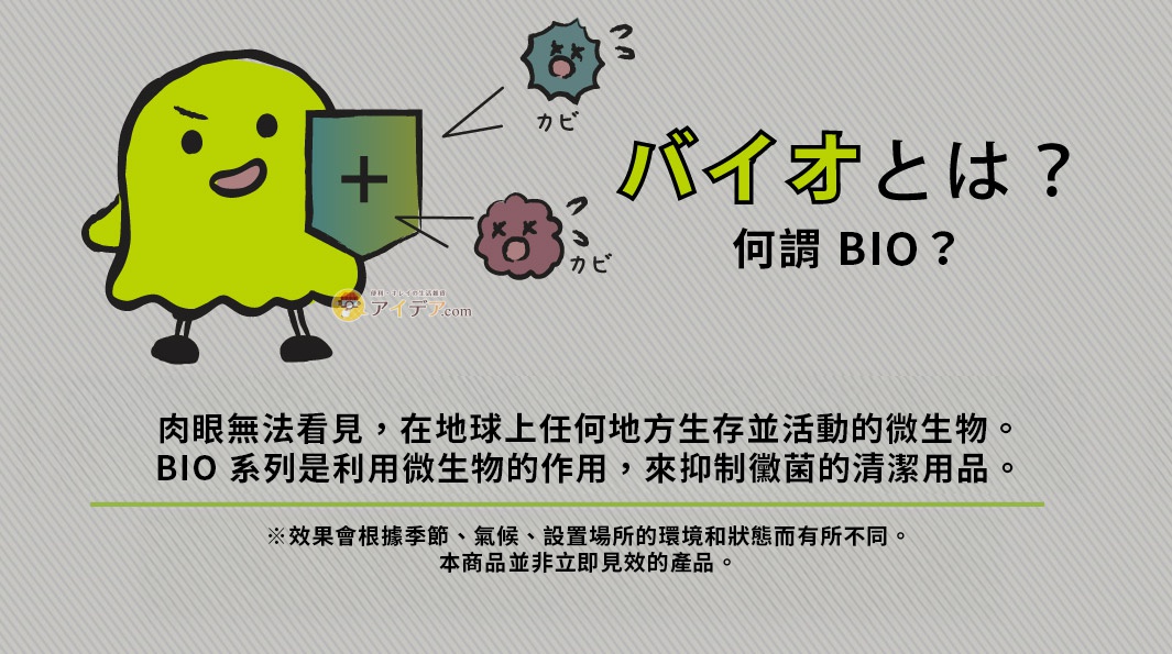 圖片文字：肉眼無法看見，在地球上任何地方生存並活動的微生物。 BIO 系列是利用微生物的作用，來抑制黴菌的清潔用品。 ※效果會根據季節、氣候、設置場所的環境和狀態而有所不同。 本商品並非立即見效的產品。