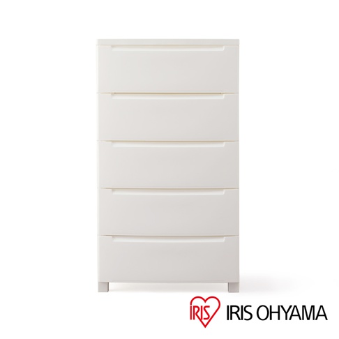 日本五層抽屜式組合收納櫃，白色，光滑表面，簡約設計，帶有嵌入式抽屜把手，整體呈長方形，底部有四個短腳。