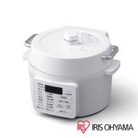 白色電子壓力鍋，2.2L容量，配有銀色提把和日文操作面板，面板上顯示多種烹調模式選項，產品品牌為IRIS OHYAMA。
