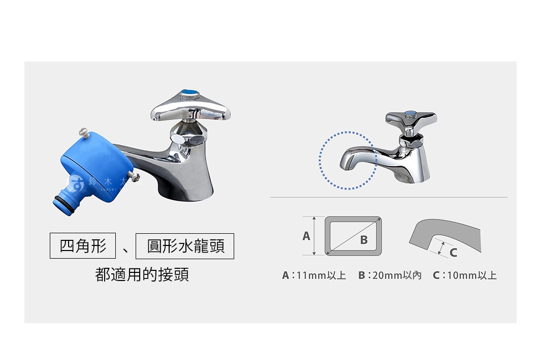 四角形、圓形水龍頭都適用的接頭
角蛇口（立水栓）と丸蛇口（横水栓）に取り付け可能です。
