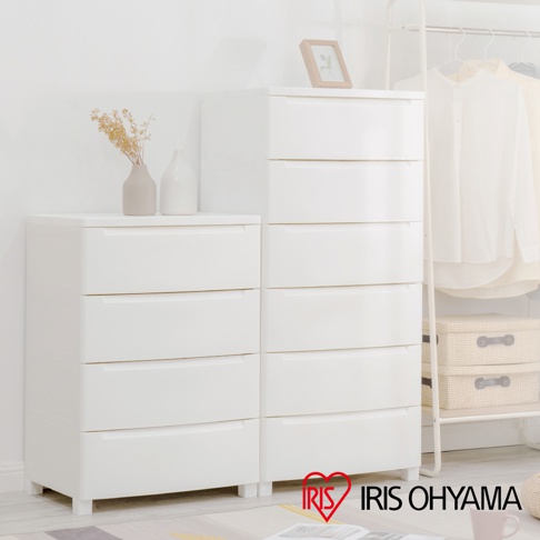 白色六層抽屜式組合收納櫃，設有四個抽屜的矮櫃和六個抽屜的高櫃，材質為塑膠，設計簡潔，適合居家收納。