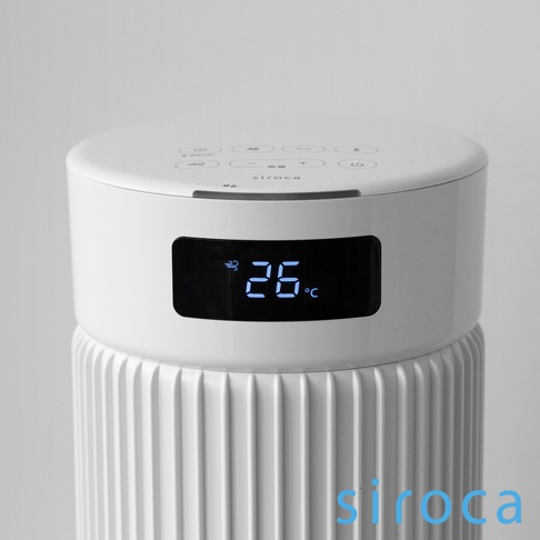 白色DC直流大風量循環塔扇頂部，設有觸控式按鈕和顯示溫度26℃的黑色螢幕，下方為條紋狀白色機身。