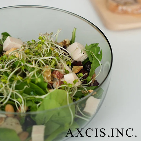 LAGOM 清透復古圓潤點心碗，透明玻璃材質，盛裝著豐富的雞肉、豆芽、堅果和蔬菜沙拉，碗緣帶有圓潤的曲線。