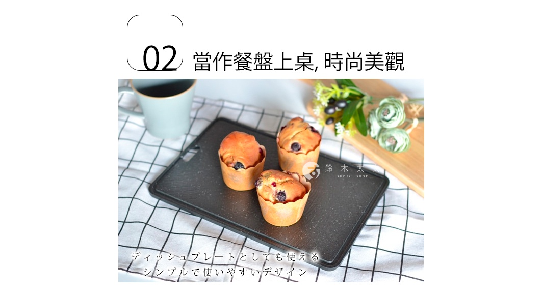 黑色長方形冷卻盤，盤上擺放著三個用紙杯盛裝的藍莓瑪芬，盤的右上方有裝飾用的綠色花朵和黑色漿果，背景為格紋布和淺藍色馬克杯。